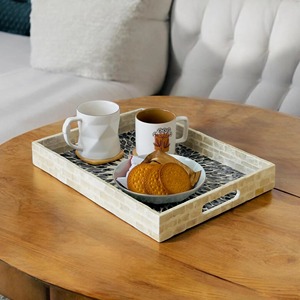 Plateau de service en nacre pour table à manger, avec bord et côtés surélevés, motif incrusté floral en mosaïque soleil éclatant R - Product Image 4