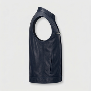 Gilet de motard en cuir véritable noir de qualité supérieure pour homme – Gilet de moto sans manches avec poches zippées et col montant - Product Image 3