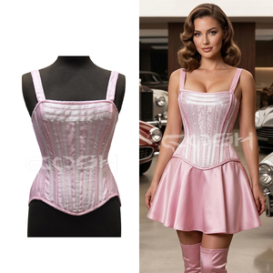 Dernier design – Corset bustier haut de gamme rose côtelé en satin, élégant, à col carré, sans manches, style halter - Product Image 5
