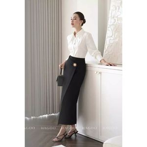 CV473 Black Breathable Casual High Waist Ankle-Length Rhinestone Skirt Women Office Commuter Outfit - Product Image 4