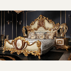 Lit double classique royal européen de luxe en acajou rembourré, ensemble de chambre à coucher en bois massif sculpté à la main pour appartement - Product Image 3
