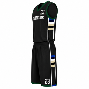 Ensemble de maillot de basket-ball sans manches à col en V noir et vert pour homme, en maille respirante, imprimé géométrique sublimé - Product Image 2