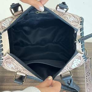 March Expo Hand Tooled Cow <b>Leather</b> Speedy <b>Bag</b> With Black & White Checkered Floral Carving & Card Design Shoulder <b>Bag</b> for <b>Women</b> - Product Image 6