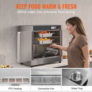Scaldavivande professionale a 4 livelli in acciaio inox con vassoio per acqua, ripiani regolabili, controllo manuale della temperatura, doppia porta in vetro, 4 vaschette - Product Image 3