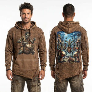 Sudadera con Capucha Vintage Marrón Oxidado para Hombre, con Dobladillo Asimétrico, Estilo Urbano Desgastado, Estampado Gráfico Tribal Zombie Drummer, Oversize de Forro Polar - Product Image 1