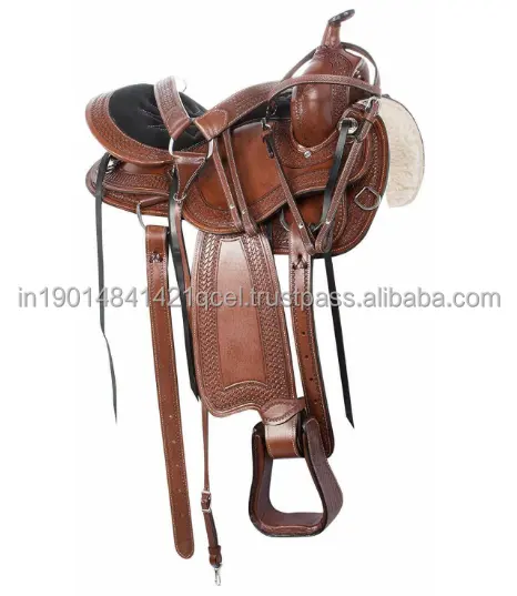 Saia redonda Mão Esculpida Couro Western Trail Saddle Equipamento Acessórios para cavalos com Tamanho Personalizado Portátil a Preço A Granel