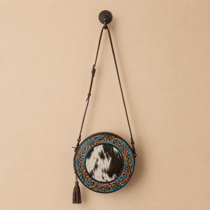 Hand Tooled Round Leather Crossbody Bag with Hair On Hide Western Shoulder <b>Purse</b> Turquoise Floral Vintage Handmade Designer - Product Image 1