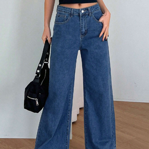 Jeans de Mezclilla de Alta Calidad para Mujer, Pierna Ancha, Azul Índigo, Cintura Alta, Corte Regular, Estilo Urbano, con Agujeros - Product Image 2
