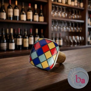 Tapón de Botella de Cerámica Vintage Beads Art CBS 112 con Base de Corcho, Diseño a Cuadros Multicolor para Botellas de Vino - Product Image 1