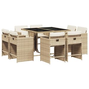 Set da pranzo con Patio in Poly Rattan Beige da 9 pezzi con cuscini Set da giardino - Product Image 2