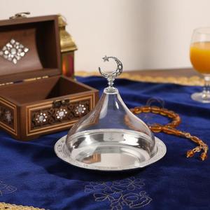 Luxury Ramadan Metal Dates Serving <b>Tray</b> with Dome Lid Gold Crescent Moon Cover Decorative Dessert Display Plate cake stand - Product Image 3