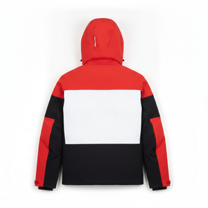 Men's Red <b>White</b> Black Hooded Puffer <b>Jacket</b> Sporty Waterproof Color Blocking Patch Design Winter Outerwear - Product Image 3