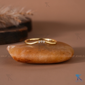 Minimalist 14K Yellow Gold Chevron Curved Wedding Band 3 Stone Round Lab Grown Diamond Contoured Stacking Ring For Women - Product Image 1