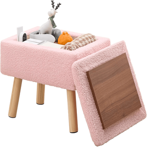 Pouf Contenitore Rettangolare in Tessuto Teddy Fleece con Gambe in Legno Massello, Poggiapiedi Panca per Ingresso, Disponibile in Rosa - Product Image 1