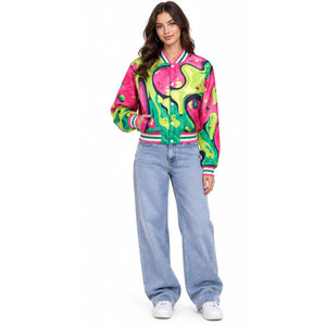 Veste universitaire à imprimé abstrait rose et vert pour femme, manches longues, col rabattu, rembourrage en polyester, style printemps - Product Image 4
