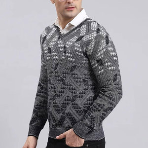 Pull à col en V à motif géométrique pour homme, manches régulières, laine acrylique anti-boulochage, vêtements d'automne, cardigan pour homme - Product Image 3