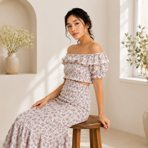 Women's Shoulder Short Sleeve Floral Print Discharge Printed Cotton Dress Ruffled Neckline Full Length Prairie Chic Spring - Product Image 4