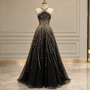 Black Crystal Evening Dress <b>Floor</b> <b>Length</b> Sleeveless A-Line <b>Gown</b> Sweetheart Neck Party Banquet Wear - Product Image 1