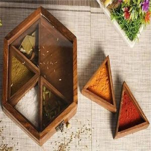 Ensemble de boîtes à épices hexagonales en bois vintage, boîte à masala décorative pour la cuisine avec 7 compartiments, coffre à épices en bois de rose indien, cadeaux - Product Image 1