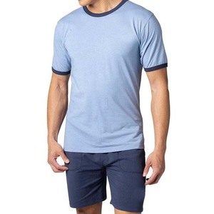 T-shirt Ringer bleu clair pour homme, manches courtes, col rond, bordure contrastante, coupe classique, décontracté, 100 % coton jersey tricoté, couleur unie - Product Image 1