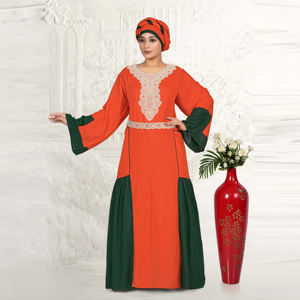 Caftán de Rayón con Cuello Redondo, Detalles de Paneles en Dos Tonos, Mangas Acampanadas, Estilo Modesto, Color Sólido, para Eid, Ramadán, Oración, Silueta Larga hasta el Suelo - Product Image 4