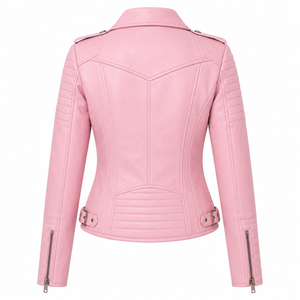 Chaqueta de Motociclista de Cuero Sintético Rosa para Mujer KP International, Cierre de Cremallera, Cuello Alto, Estilo Otoñal - Product Image 2