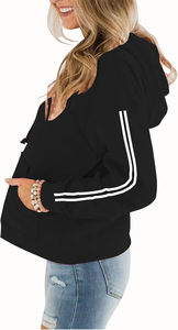 Sweat-shirt à capuche noir pour femme, couleur unie, manches longues, poche, tricoté, décontracté, hiver, doublure 100% coton - Product Image 5