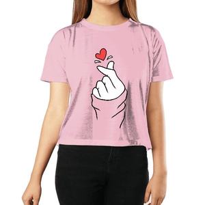Camiseta Corta Rosa para Mujer, Cuello Redondo, Manga Corta, Estampado de Corazón y Gesto de Mano, Ropa Casual, 100% Algodón Jersey, Primavera Verano - Product Image 1