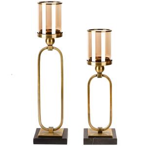 Ensemble de lanternes décoratives de luxe avec cadre doré moderne et abat-jour en verre teinté, pour bougies hurricane (paire) - Product Image 1