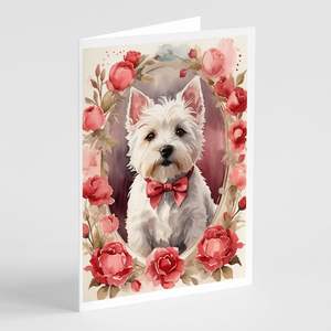 Whimsical A7 Tamaño 5x7 Tarjetas de nota en blanco Westie Terrier Valentine Roses Tarjeta de felicitación Paquete de 8 con sobres - Product Image 1