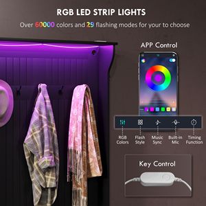 Panca da ingresso 3-in-1 con luci LED, appendiabiti e porta scarpe (5 ganci, nera) - Product Image 4