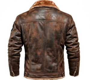Chaqueta de Cuero Marrón para Hombre con Forro de Piel Sherpa, Cuello Camisero y Botones - Product Image 3
