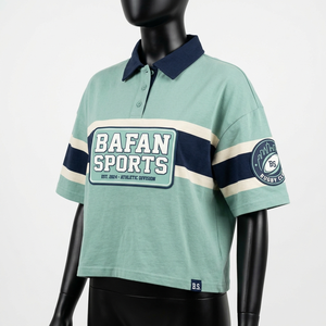 Camiseta de rugby para mujer, de algodón de alta calidad, mezcla de algodón, color verde menta, diseño de paneles con rayas azul marino, logotipo bordado personalizado. - Product Image 1
