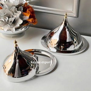 Stainless Steel Round <b>Cake</b> <b>Stand</b> With Arabic Calligraphy Laser Cut Design Handmade with glass <b>dome</b> lid - Product Image 5