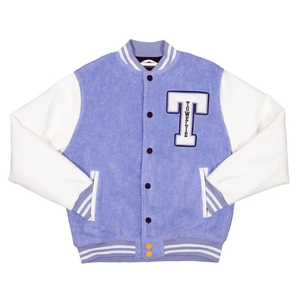Veste universitaire pour homme, bleu et blanc, fermeture à boutons sur les manches, doublure en polaire, vêtement décontracté pour l'automne, coupe classique, col rabattu - Product Image 1