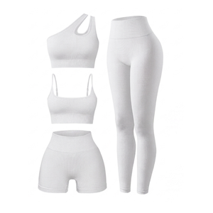 Solid Pattern <b>Women</b> Ribbed Yoga Set Seamless Sports One Shoulder Sports Bra High Waist <b>Leggings</b> <b>Shorts</b> Workout Active-wear - Product Image 3