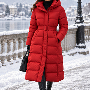 Women'<b>s</b> Red Long Puffer <b>Coat</b> <b>Winter</b> <b>Warm</b> Hooded Belted Quilted Parka Windproof <b>Winter</b> <b>Coat</b> Casual Thick Polyester Slim Fit <b>Coat</b> - Product Image 1