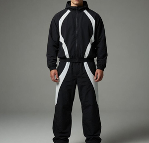Ensemble de survêtement unisexe noir et blanc à blocs de couleur, avec capuche et fermeture éclair intégrale, respirant en polyester, pour adulte, idéal pour l'automne - Product Image 2