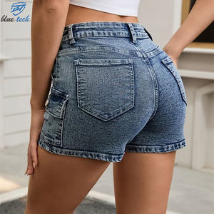 Shorts en jean pour femmes, taille haute, coupe slim, extensibles, effet usé, décontractés, pour l'été, avec impression de logo personnalisée, vente en gros - Product Image 6