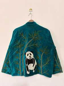 Veste en velours de jardinage fantaisiste motif panda, broderie complexe Suzani, manteau vert sarcelle, vêtement d'extérieur bohème botanique audacieux - Product Image 4