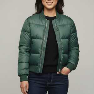 Blouson bomber matelassé vert pour femme, manches longues, col montant, fermeture éclair, vêtement d'hiver, couleur unie, rembourrage en polyester - Product Image 1