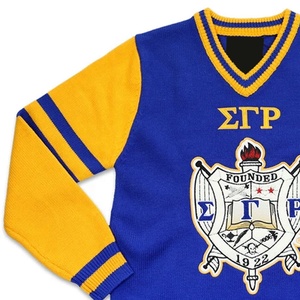 Cárdigan Azul de Punto para Mujer Sigma Gamma Rho, Cuello en V, Manga Larga con Ribete Amarillo, Escudo Bordado, Estilo Preppy - Product Image 5