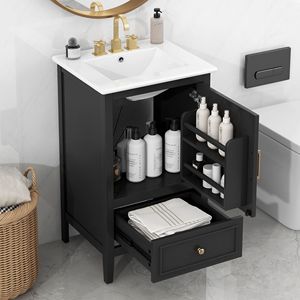 Mobile da Bagno Nero da 20 Pollici con Lavabo, Armadietto a Una Porta, Ripiano Regolabile e Cassetto, Piedini Robusti - Product Image 2