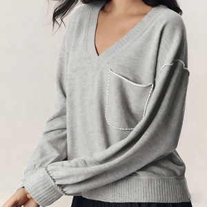 Suéter de Punto Oversize para Mujer con Cuello en V, Bolsillo, Hombros Caídos, Manga Media, Color Gris Sólido, Transpirable, para Otoño - Product Image 6