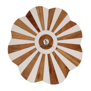 Flower Shape Wood Resin Cake Stand Stripe Inlay Sunburst Dessert Display Platter With Gold Metal Legs For Party Decoration - Product Image 6