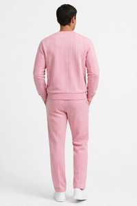 Conjunto de sudadera de cuello redondo y pantalones deportivos de felpa francesa con rayas rosas para hombre - Product Image 2