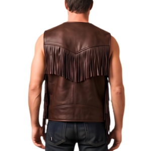 Chaleco de Cuero para Hombre, Cuero Genuino, Estilo Occidental, Chaleco con Flecos de Cuero Marrón, Estilo Vaquero Occidental - Product Image 2