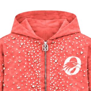 Sweat à capuche zippé rose corail perlé, orné de cristaux étincelants, style streetwear, à manches longues, avec poche avant - Product Image 3