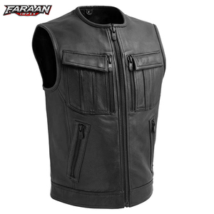 Chaleco de Motociclista de Cuero Genuino y Lona para Hombre, Transpirable, Color Negro Sólido, Sin Mangas, Precio Económico, Última Tendencia - Product Image 1