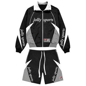 Men Lightweight Windbreaker Short Set Polyester Fabric Black <b>Grey</b> Panel Design Heat Transfer Logo Windbreaker Shorts Set for Men - Product Image 2